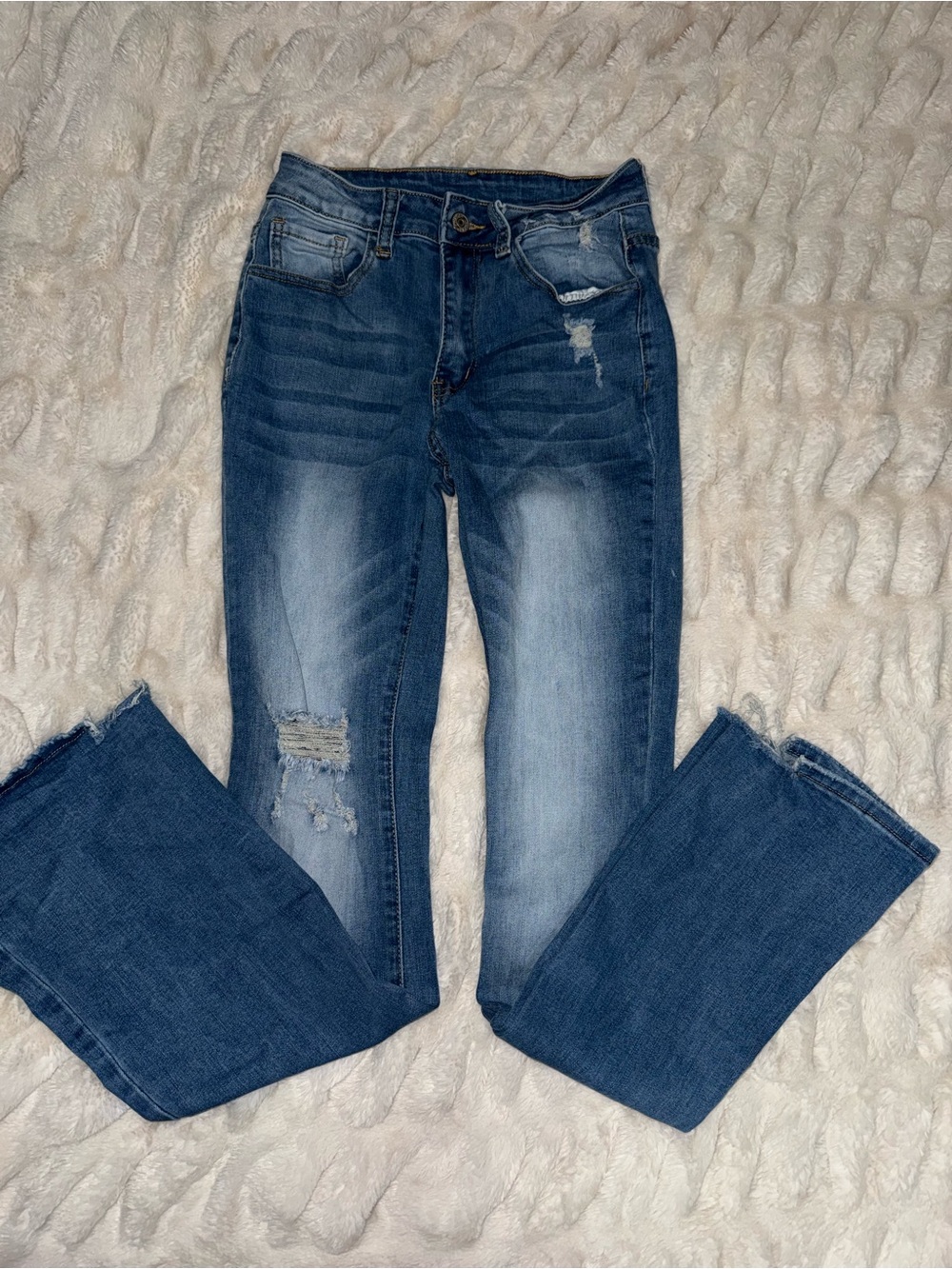 Women’s Blue Distressed Flare Jeans - Classic Mid-Rise